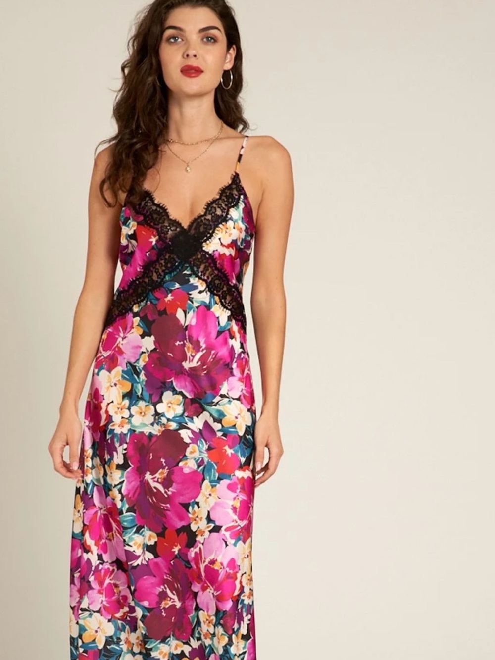En Creme Floral Satin Slip with Black Lace Trim - Pink Multi